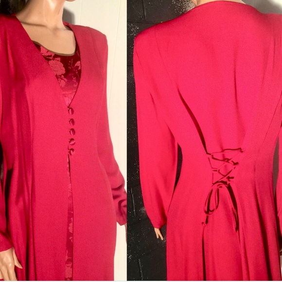 Vtg 80s DAWN JOY Red Mock 2 Pc Lace Up Back Knee Length Tunic Dress~ 7/8 - Picture 2 of 7